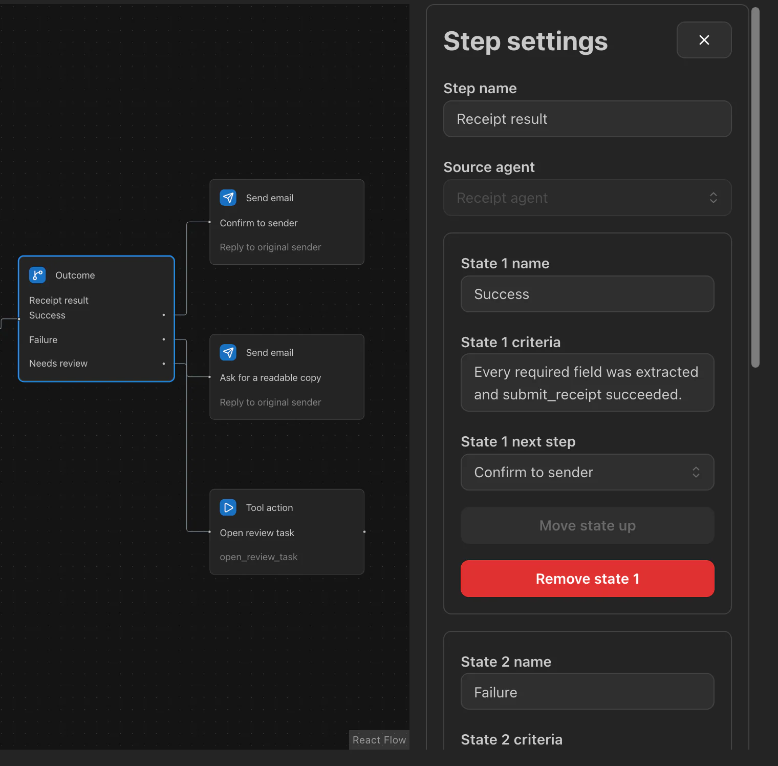 The Step settings panel for the Outcome node: step name Receipt result, source agent Receipt agent, and the state named Success with its selection criteria and its next step, Confirm to sender.
